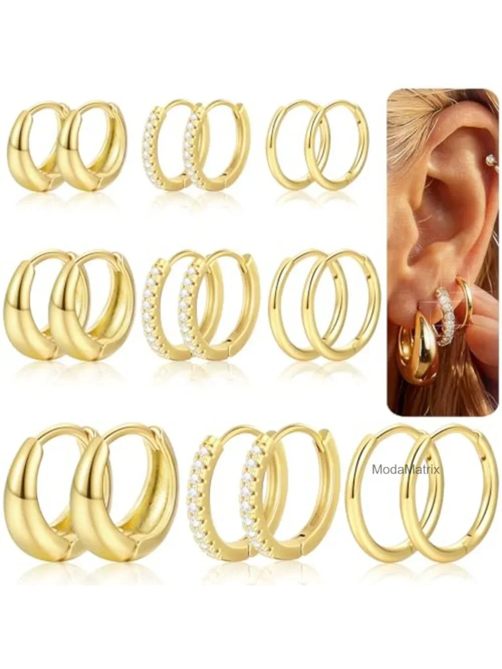 14K Gold Plated Small Hoop Earring Set for Women, Mixed Sizes